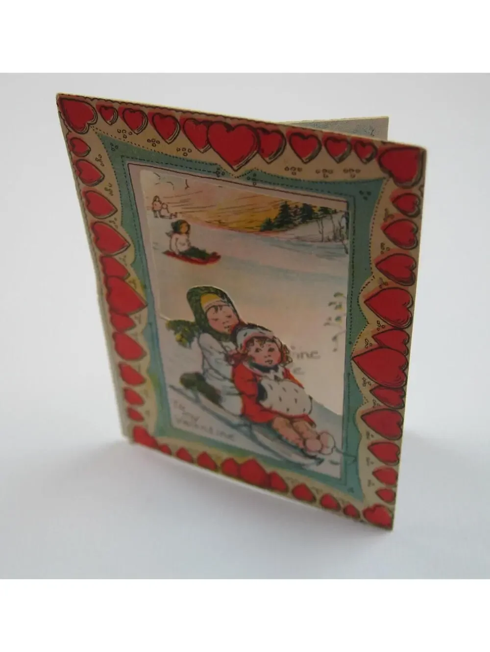Vintage Valentine Die cut Fold 3D Card Girl Boy Snow Sledding 1920s-30s UNSIGNED